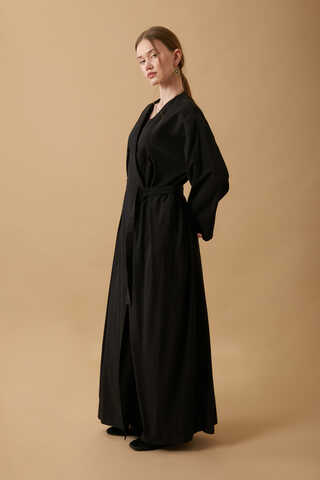 Pleated Collar Linen Abaya Black - 14