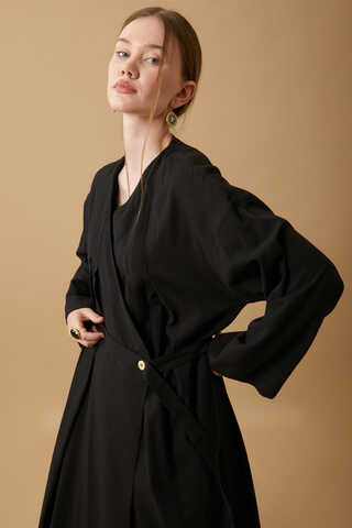 Pleated Collar Linen Abaya Black - 17