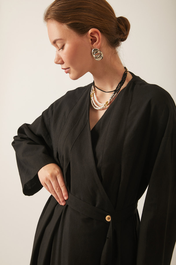 Pleated Collar Linen Abaya Black - 10