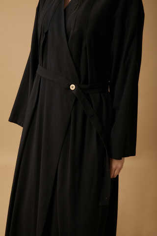 Pleated Collar Linen Abaya Black - 15