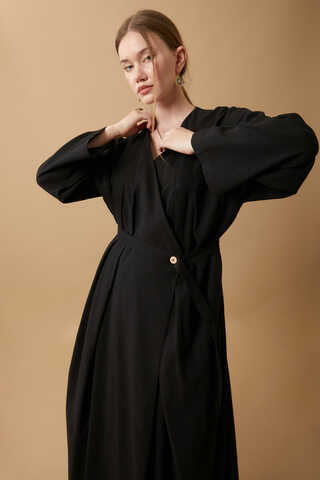 Pleated Collar Linen Abaya Black - 18