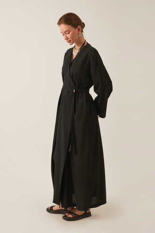 Pleated Collar Linen Abaya Black - 2
