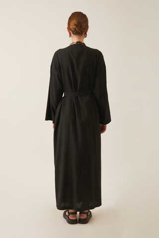 Pleated Collar Linen Abaya Black - 5