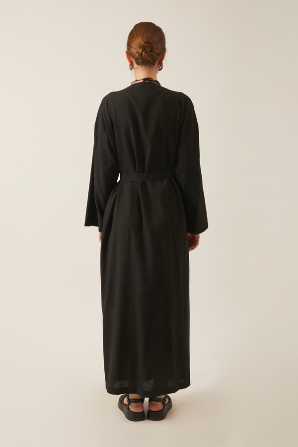 Pleated Collar Linen Abaya Black - 5