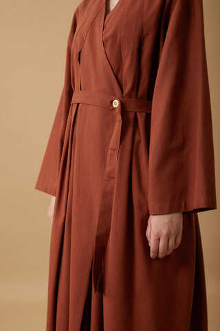 Pleated Collar Linen Abaya Brick - 8