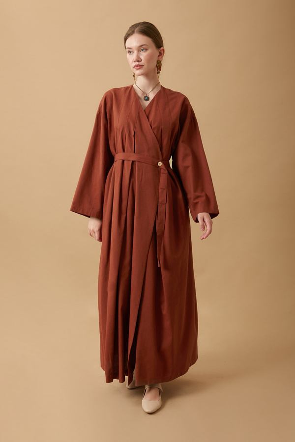 Pleated Collar Linen Abaya Brick - 3