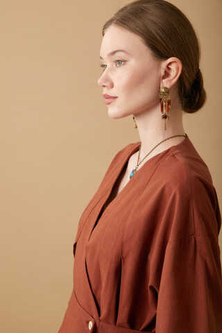 Pleated Collar Linen Abaya Brick - 9