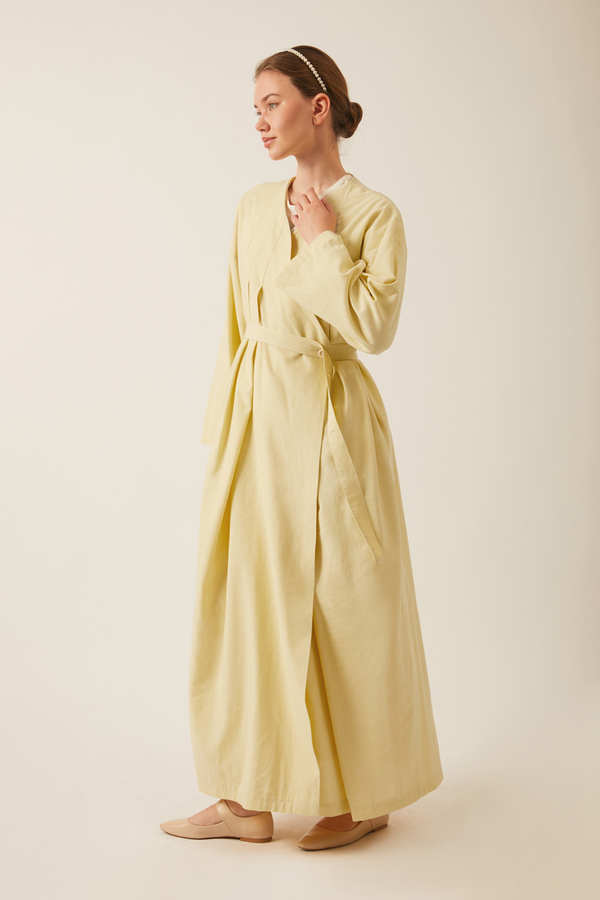 Pleated Collar Linen Abaya Butter Yellow 
