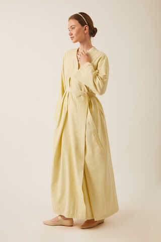 Pleated Collar Linen Abaya Butter Yellow - 1