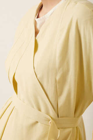 Pleated Collar Linen Abaya Butter Yellow - 7