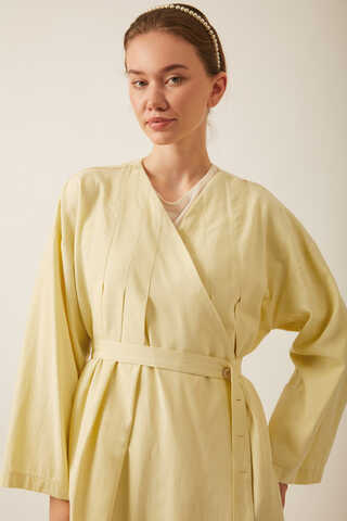 Pleated Collar Linen Abaya Butter Yellow - 9
