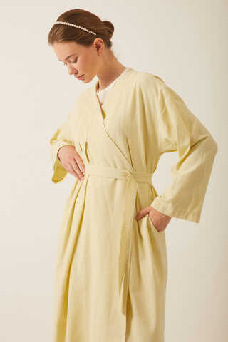 Pleated Collar Linen Abaya Butter Yellow - 2