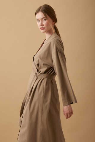 Pleated Collar Linen Abaya Camel - 12