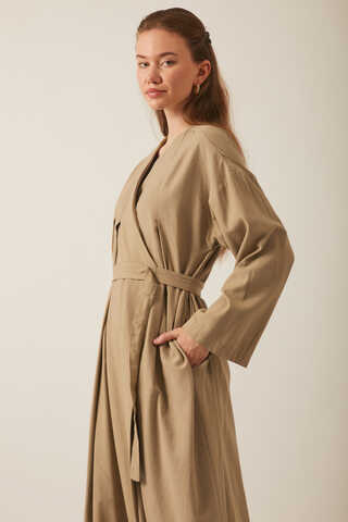 Pleated Collar Linen Abaya Camel - 8