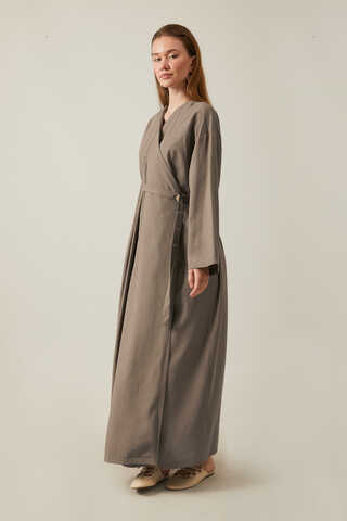 Pleated Collar Linen Abaya Earth Tone - 6