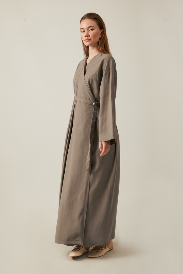 Pleated Collar Linen Abaya Earth Tone - 6