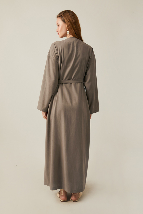 Pleated Collar Linen Abaya Earth Tone - 10