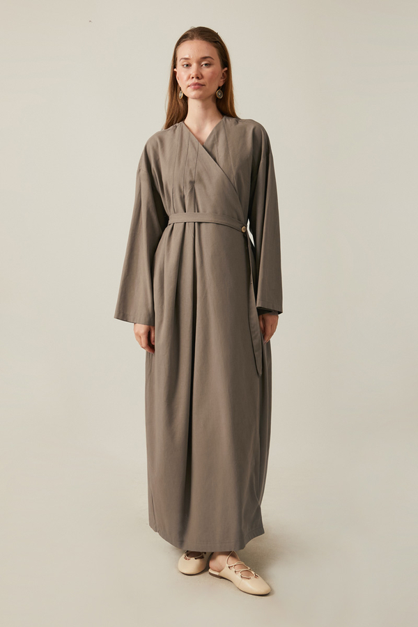 Pleated Collar Linen Abaya Earth Tone - 1