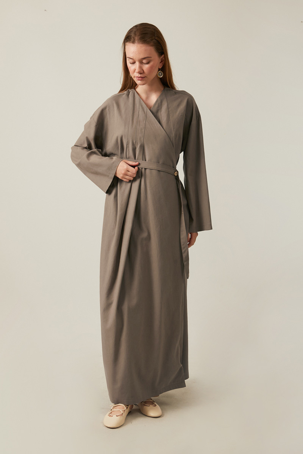 Pleated Collar Linen Abaya Earth Tone - 3