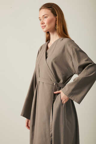 Pleated Collar Linen Abaya Earth Tone - 7