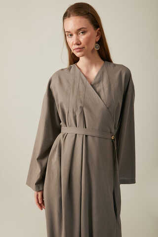 Pleated Collar Linen Abaya Earth Tone - 4