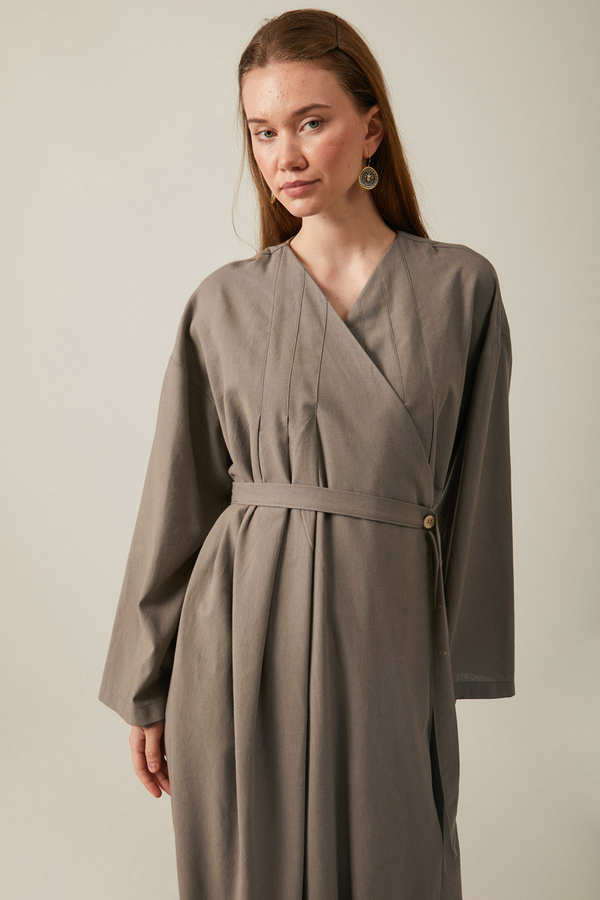 Pleated Collar Linen Abaya Earth Tone - 4