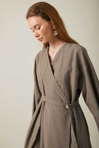 Pleated Collar Linen Abaya Earth Tone - 2