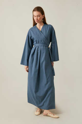 Pleated Collar Linen Abaya Indigo - 1