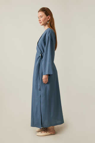 Pleated Collar Linen Abaya Indigo - 6