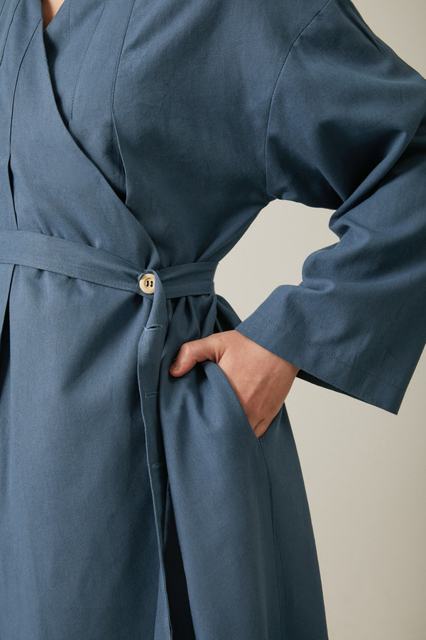 Pleated Collar Linen Abaya Indigo - 8