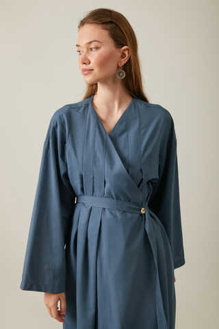 Pleated Collar Linen Abaya Indigo - 9
