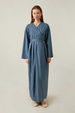 Pleated Collar Linen Abaya Indigo - 3