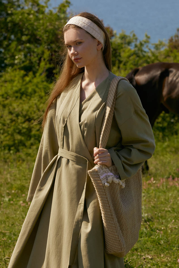 Pleated Collar Linen Abaya Khaki - 4