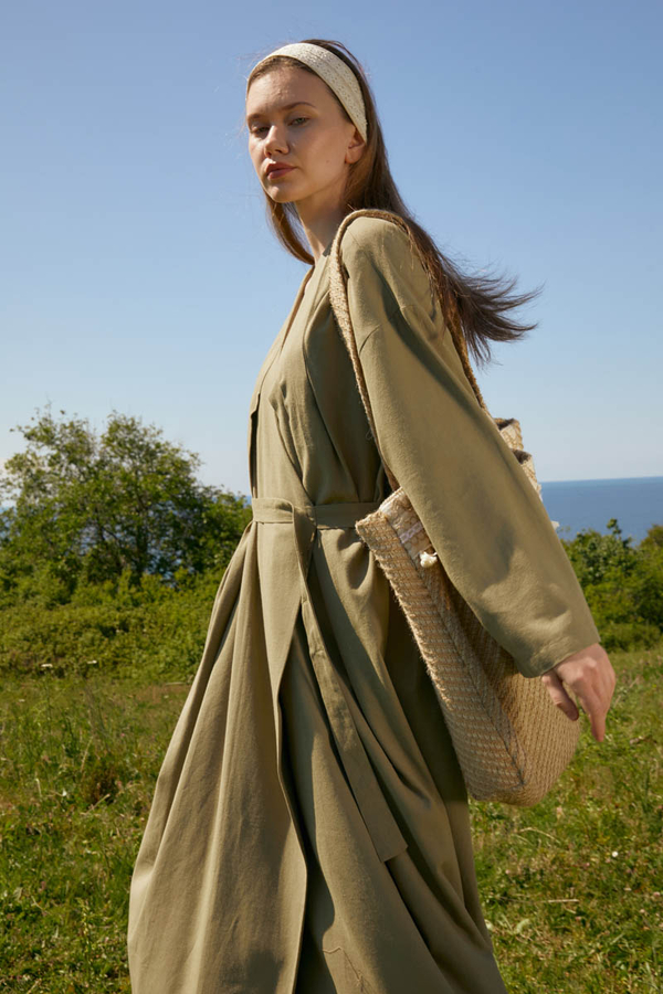 Pleated Collar Linen Abaya Khaki - 6