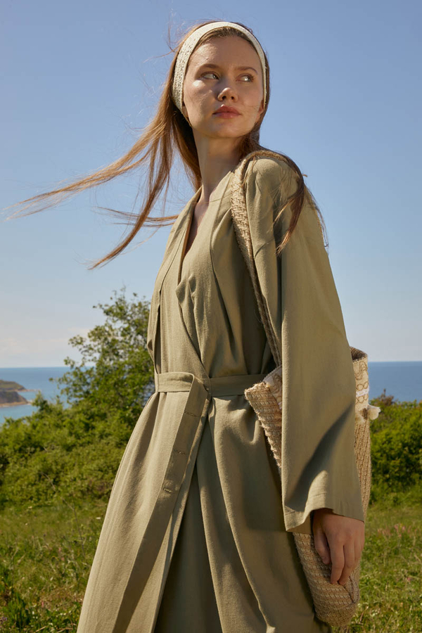 Pleated Collar Linen Abaya Khaki - 7