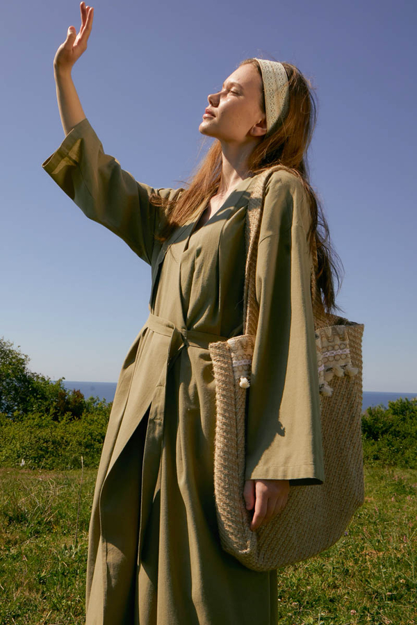 Pleated Collar Linen Abaya Khaki - 8