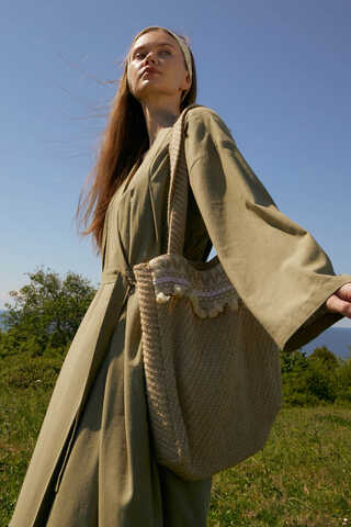 Pleated Collar Linen Abaya Khaki - 9