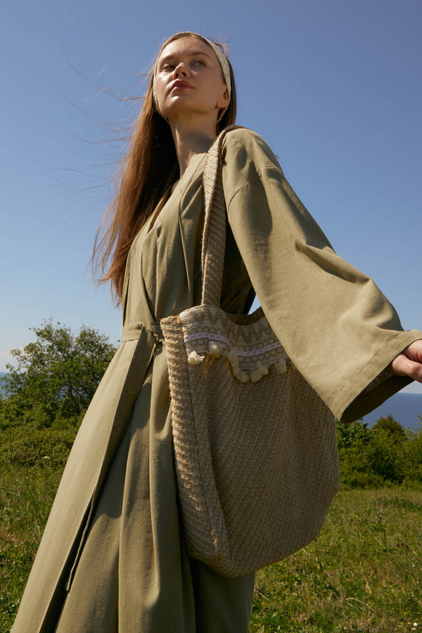 Pleated Collar Linen Abaya Khaki - 9