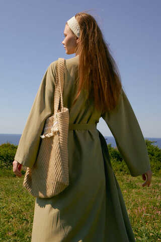 Pleated Collar Linen Abaya Khaki - 11