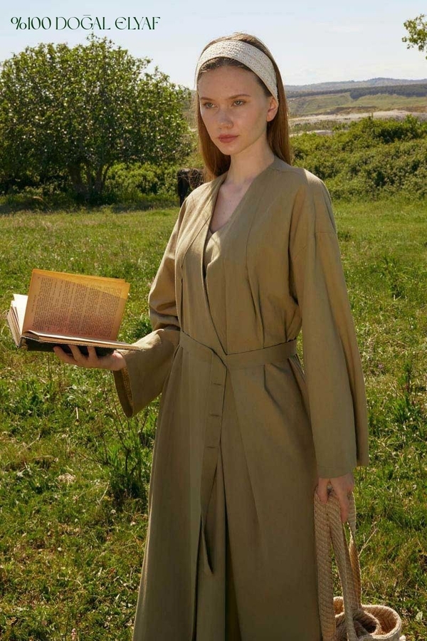 Pleated Collar Linen Abaya Khaki - 1