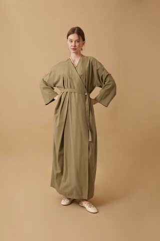 Pleated Collar Linen Abaya Khaki - 12
