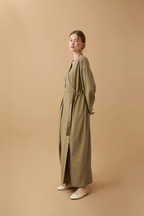 Pleated Collar Linen Abaya Khaki - 18