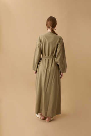 Pleated Collar Linen Abaya Khaki - 21