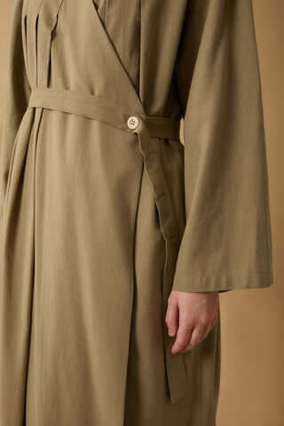 Pleated Collar Linen Abaya Khaki - 20