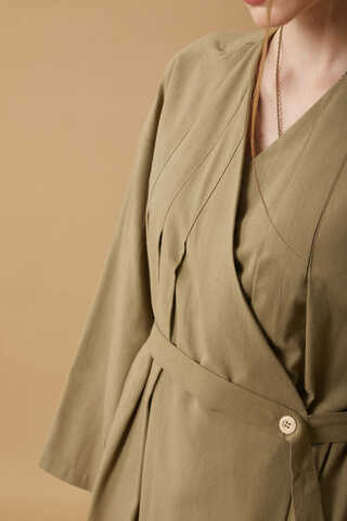 Pleated Collar Linen Abaya Khaki - 15