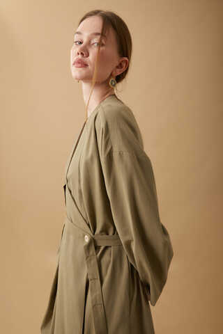 Pleated Collar Linen Abaya Khaki - 19