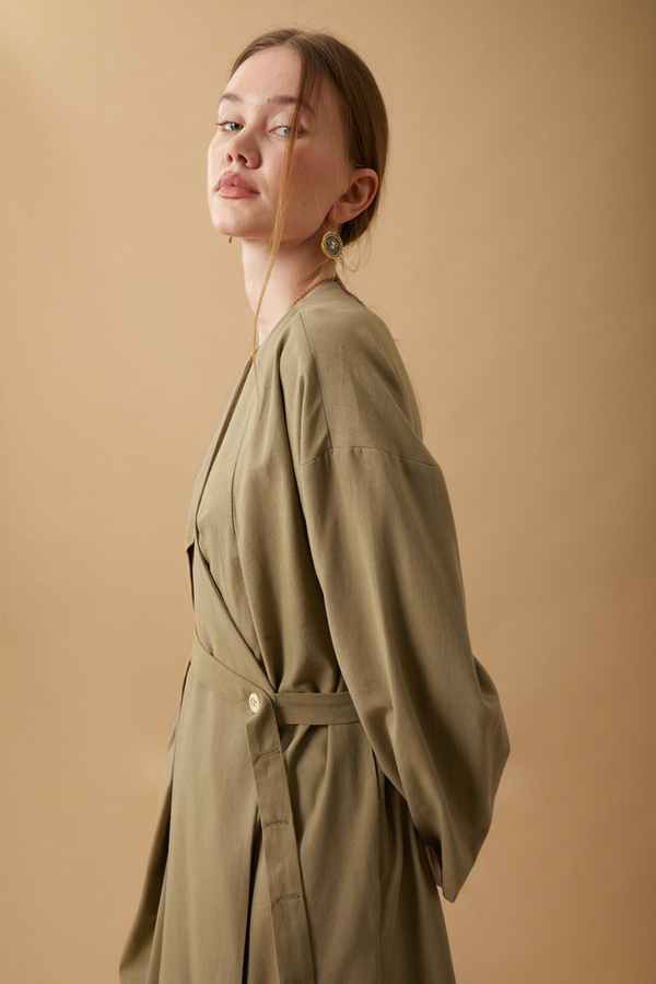 Pleated Collar Linen Abaya Khaki - 19