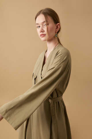 Pleated Collar Linen Abaya Khaki - 17