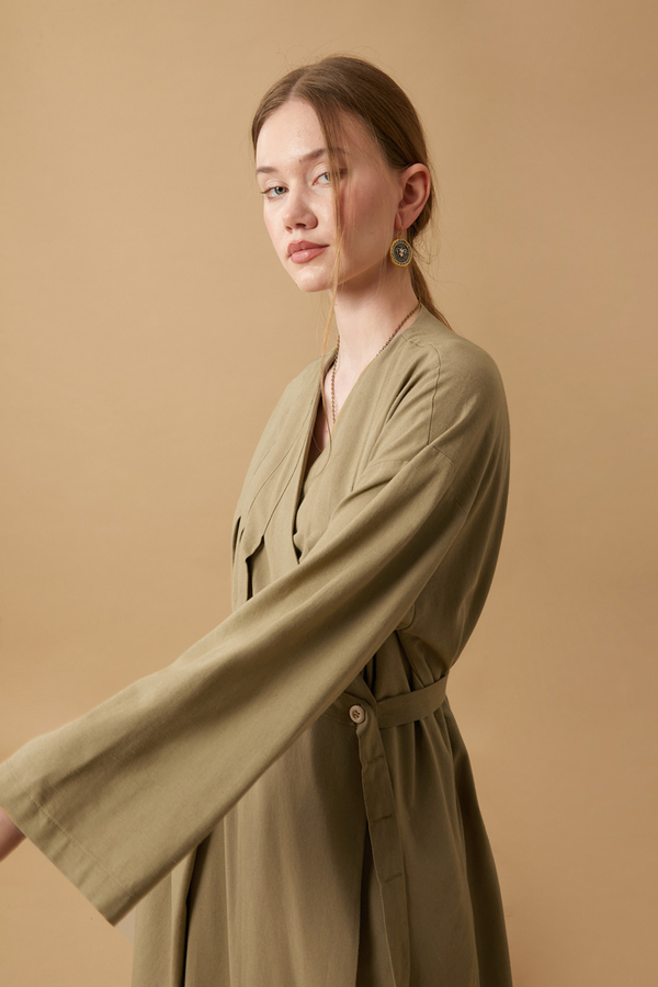 Pleated Collar Linen Abaya Khaki - 17