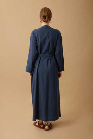 Pleated Collar Linen Abaya Navy Blue - 18